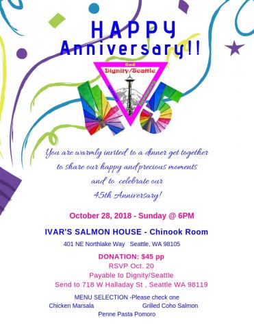 Invitation to Dignity/Seattle's 45 Anniversary Dinner Celebration